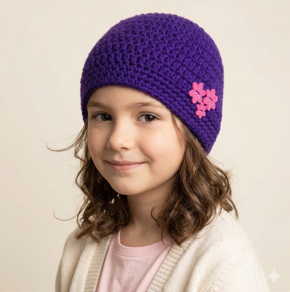 Hand Knit Crochet Girls Hat Beanie Purple with Pink Flower Buttons